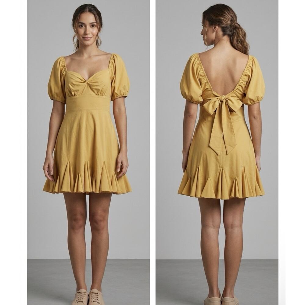 The Vintage Shop Women’s Cottagecore Dress Mustard Puff Sleeve Open Back M NWOT